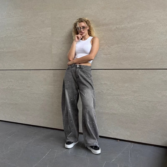 Damen Weite High-Waist Jeans mit kreativen Farbklecksen R&B