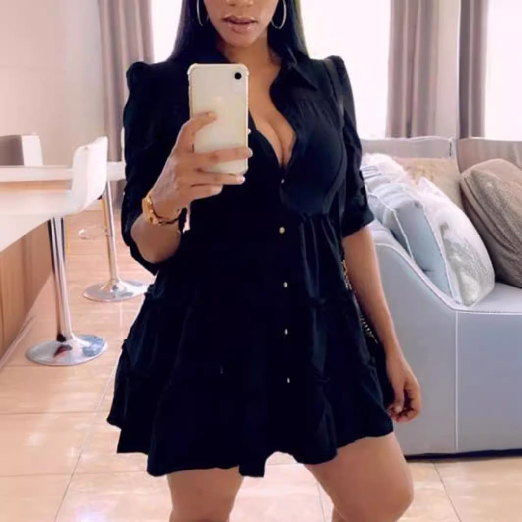 Damen Hemdblusenkleid mit voluminösem Saum und langen Ärmeln