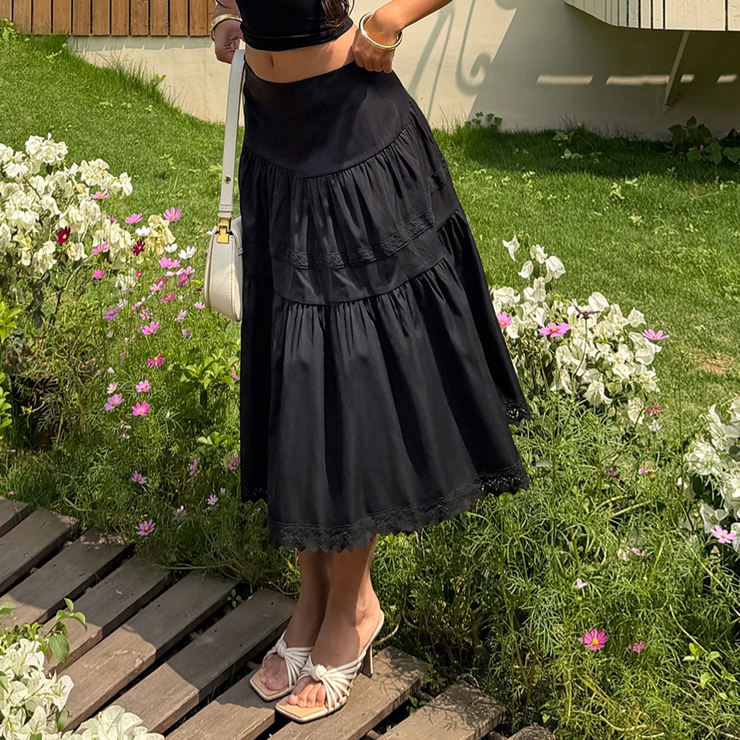 Damen eleganter gestufter Rock mit Spitzendetails R&B