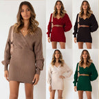 Damen Pulloverkleid mit tiefem V-Ausschnitt und strukturiertem Maschenmuster R&B