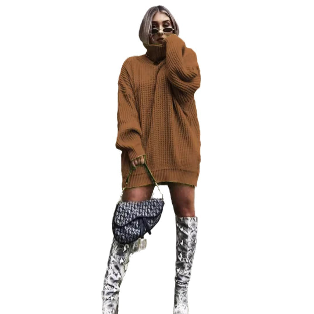 Damen Oversized Strickpullover mit hohem Kragen und Waffelmuster R&B