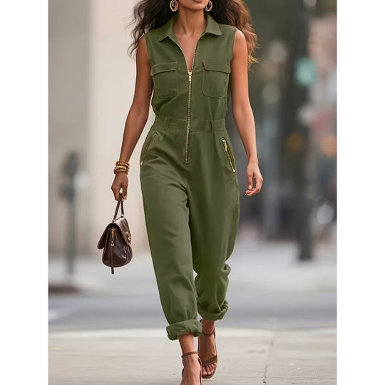 Damen Jumpsuit mit modischem Kragen und Reißverschlüssen R&B