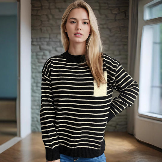 Damen lässiger Strickpullover mit breitem Streifenmuster und überschnittenen Schultern R&B