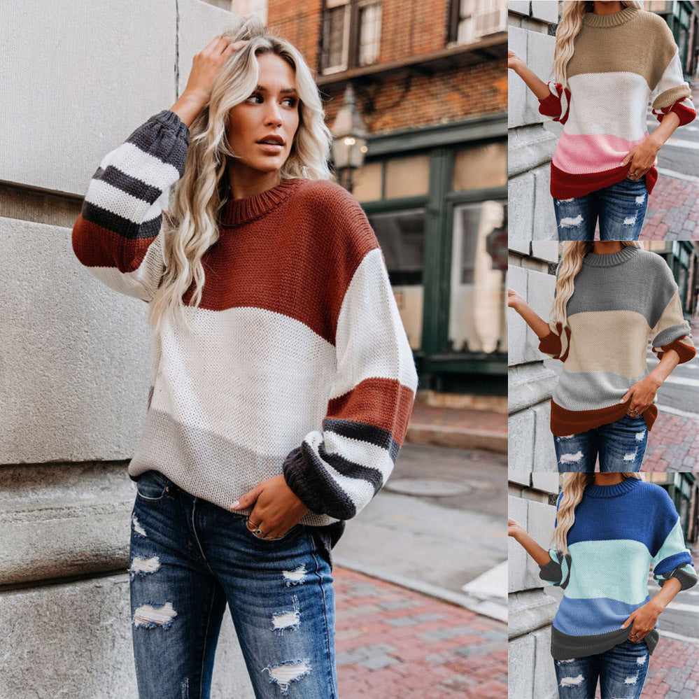 Damen lässiger Strickpullover mit modischem Farbblockdesign R&B
