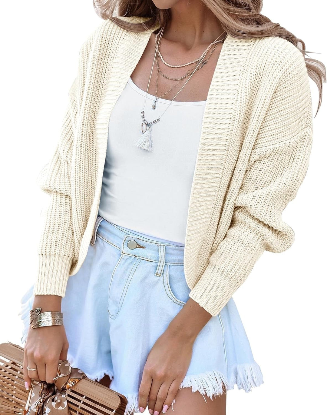 Damen Grobstrickcardigan mit weiten Ärmeln und offener Front R&B