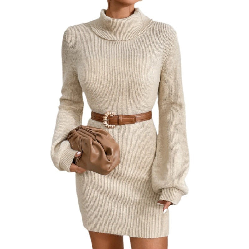 Damen Strickkleid mit hohem Kragen und langen Ärmeln R&B