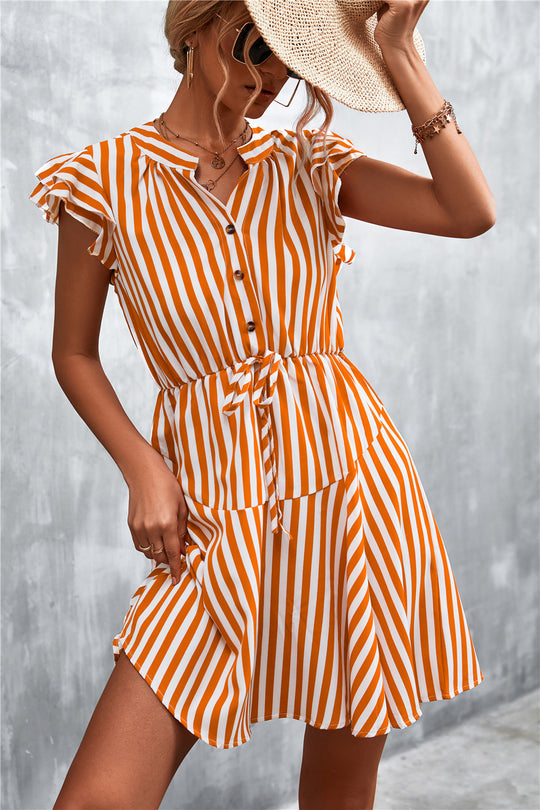 Damen Kurzarm-Kleid im angesagten Streifenlook mit Taillenzug und eleganten Rüschendetails R&B