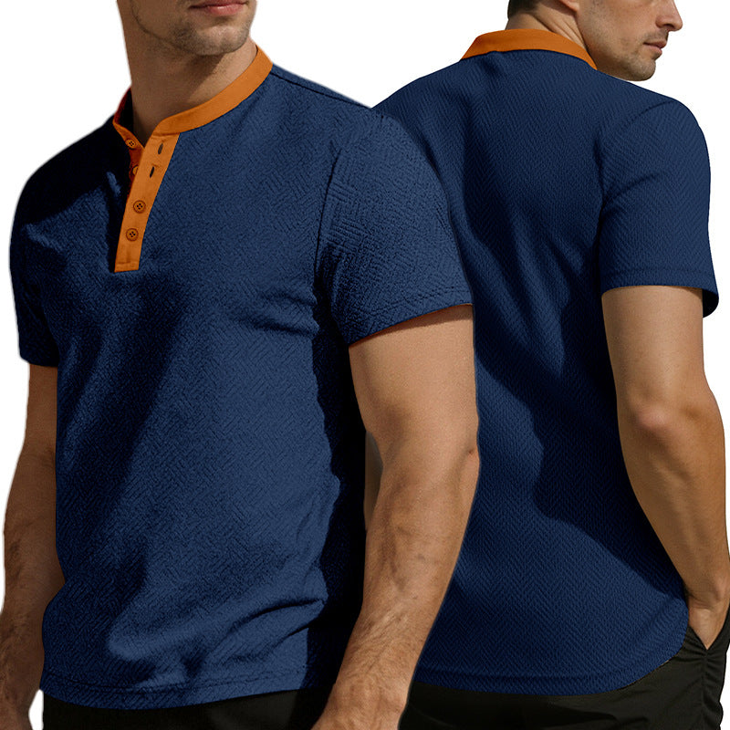 Herren nan schlankes Kurzarm-Henley-Poloshirt mit Mandarin-Kragen und feiner Jacquardstruktur R&B