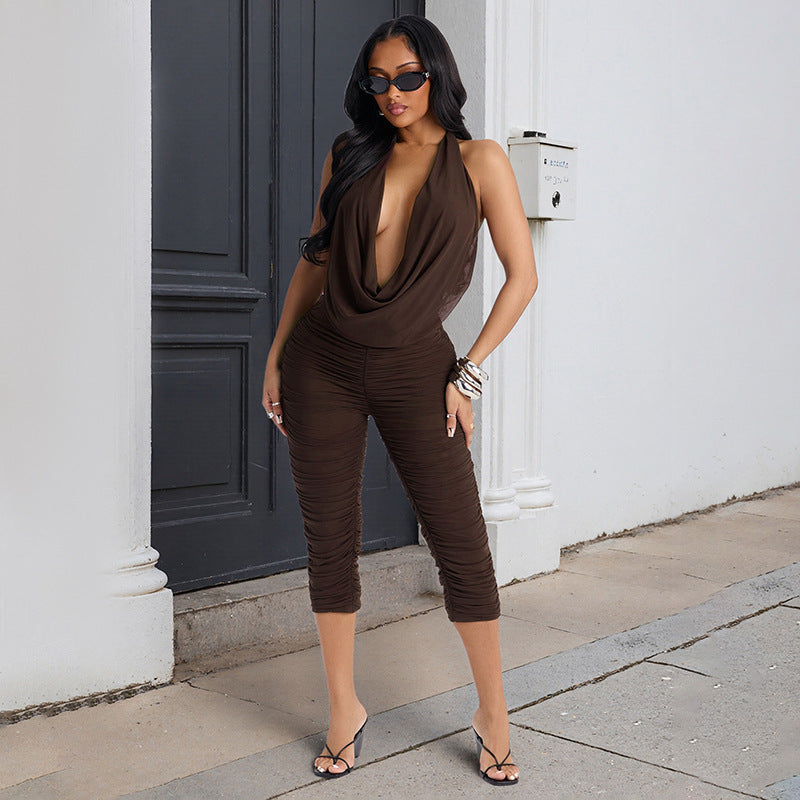 Damen Eleganter und figurbetonter Jumpsuit mit tiefem V-Ausschnitt und Raffungen R&B