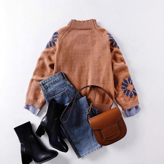 Damen Strickpullover mit floralem Motiv und modernem Rundhalsausschnitt R&B
