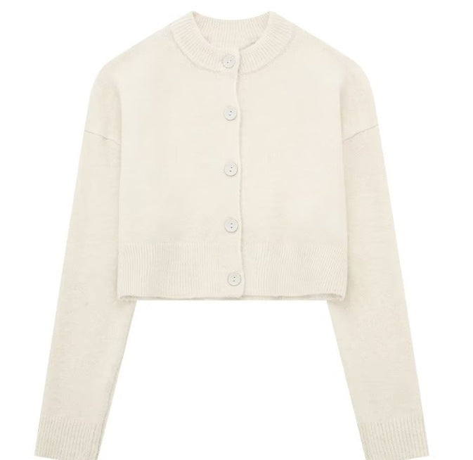Damen Kurze Strickjacke mit Knopfleiste und Elegantem Rundhalsausschnitt R&B