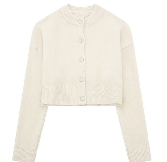 Damen Kurze Strickjacke mit Knopfleiste und Elegantem Rundhalsausschnitt R&B