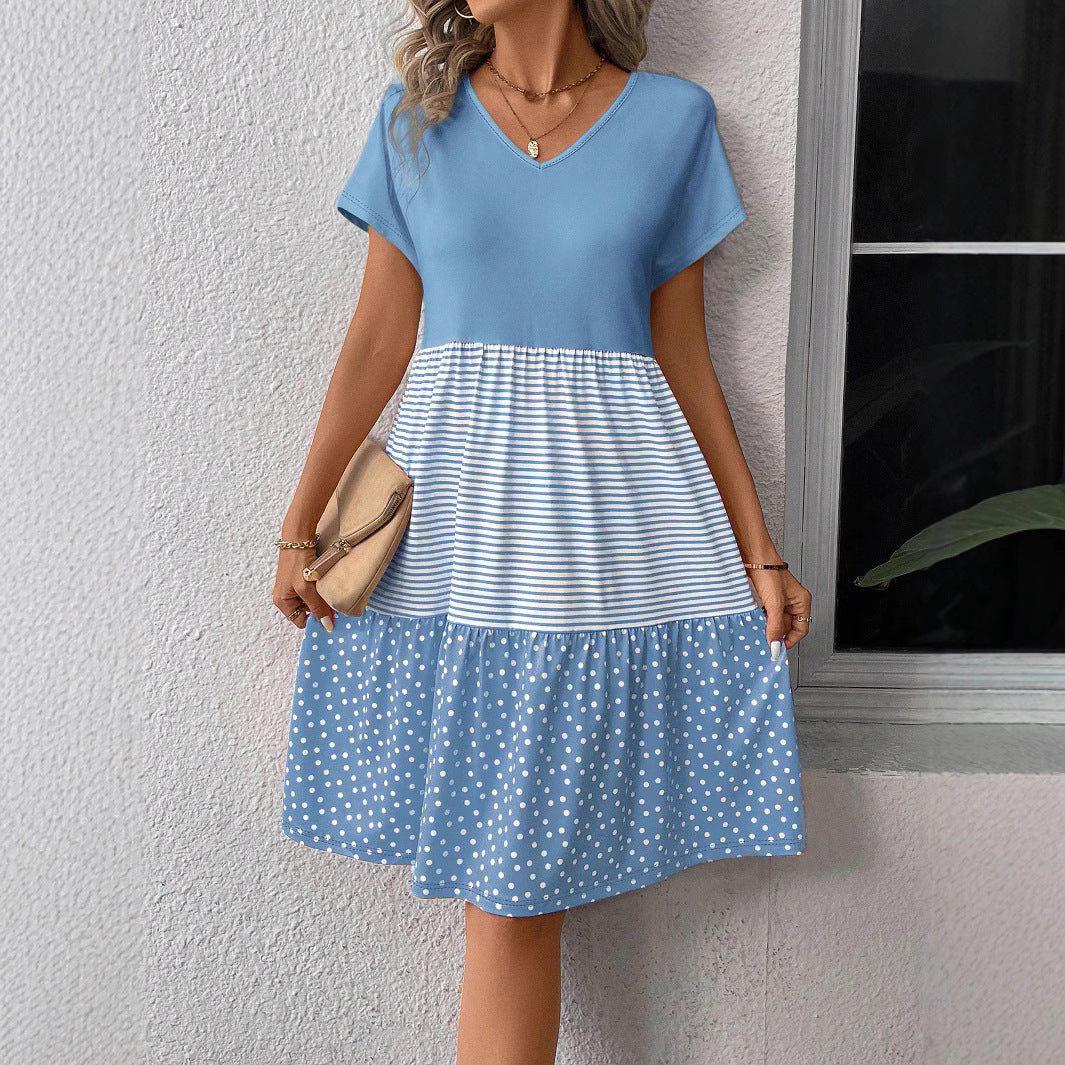 Damen Freizeitkleid mit V-Ausschnitt und modischen Musterkombinationen R&B