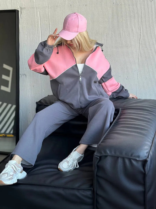 Damen sportliches Set aus hochfunktionalem Fleece-Material mit Reißverschluss R&B