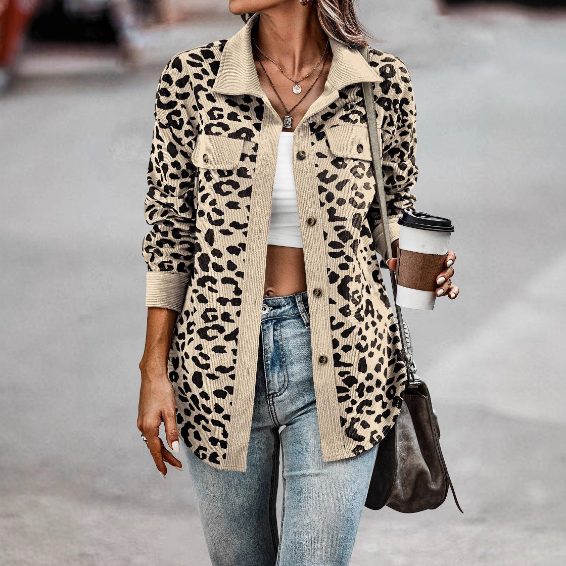 Damen gestreifter Hemdenjacke mit Leopardenmuster R&B