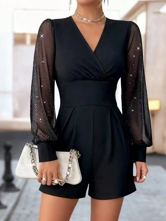 Damen eleganter Jumpsuit mit transparenten Puffärmeln und V-Ausschnitt R&B