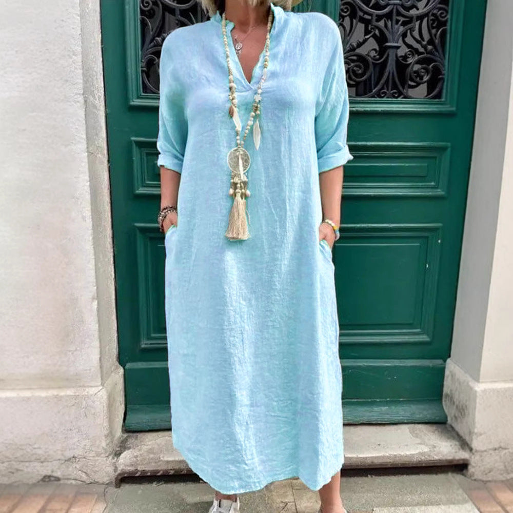 Damen Lässiges Kaftan-Kleid mit seitlichen Taschen und modischem V-Ausschnitt R&B
