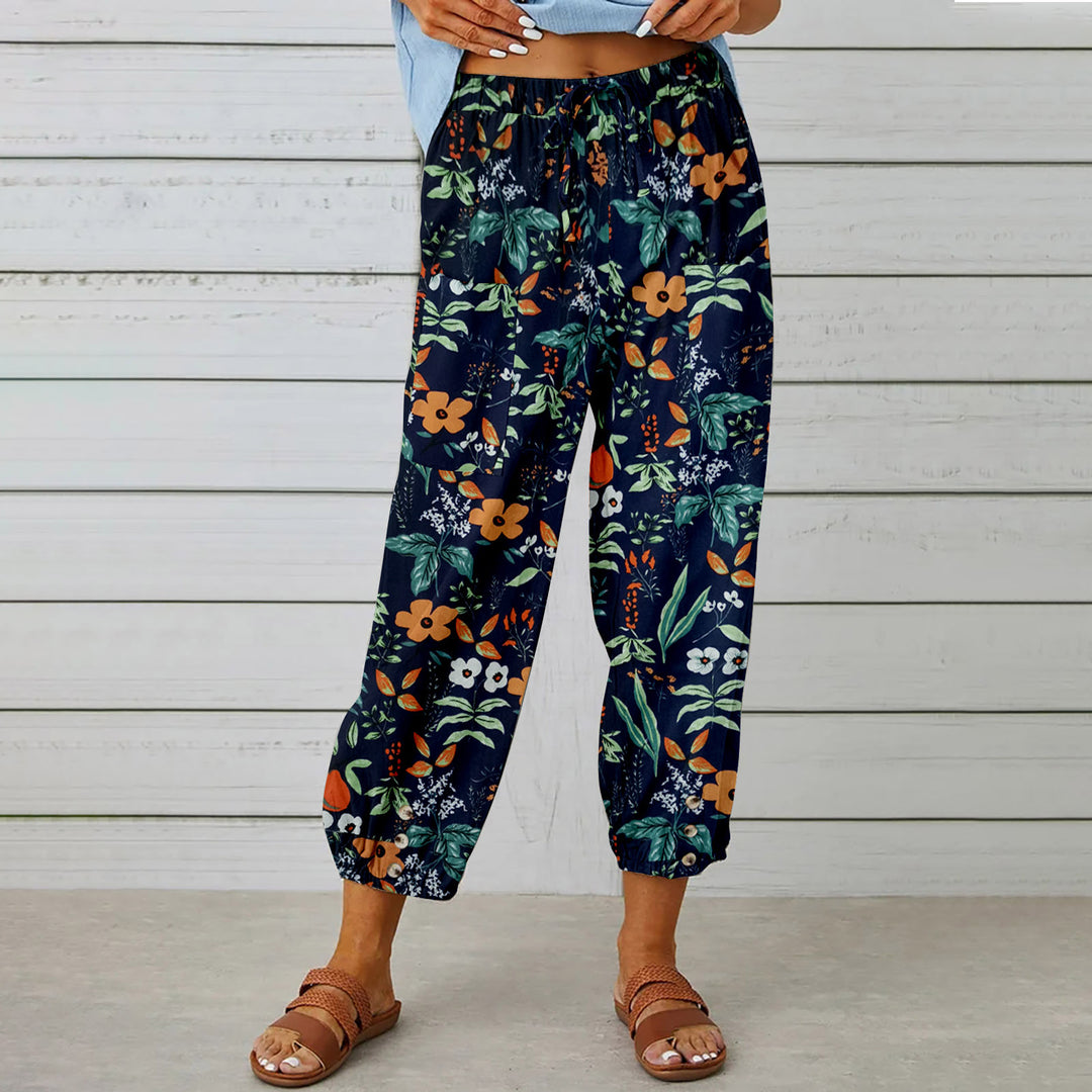 Damen lässige Pant mit floralem Druck und praktischen Knöpfen R&B
