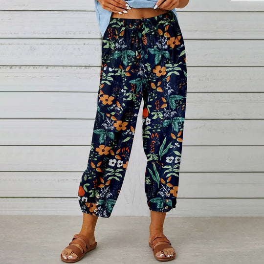 Damen lässige Pant mit floralem Druck und praktischen Knöpfen R&B