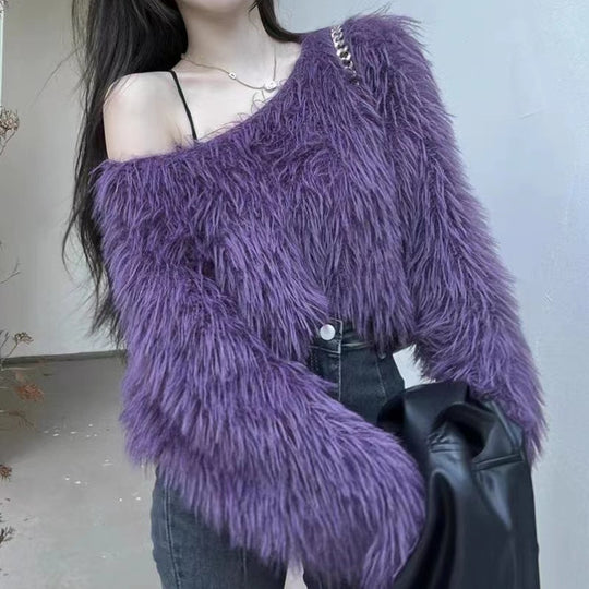 Damen Flauschiger Off-Shoulder-Pullover mit langen Ärmeln R&B