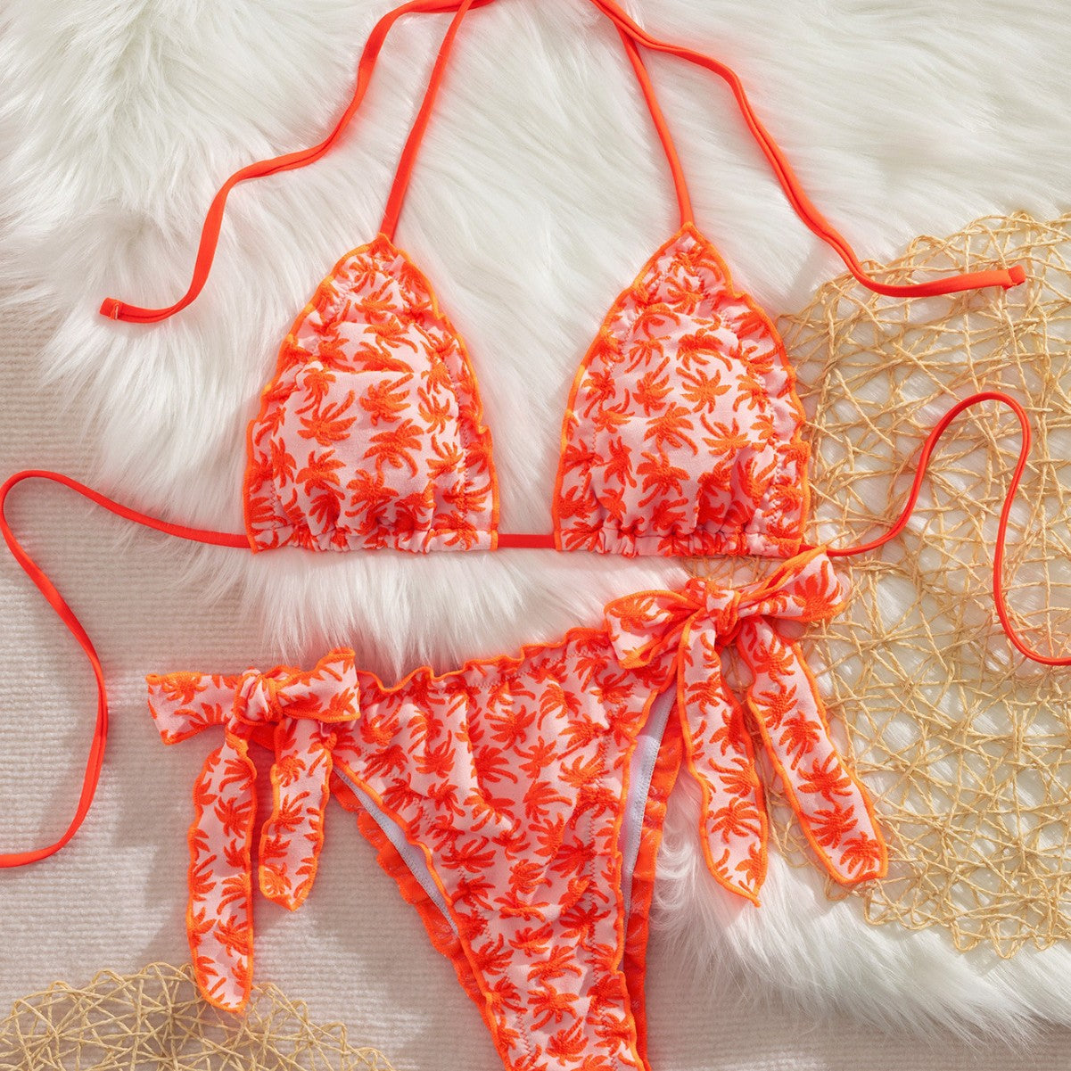 Damen Triangel-Bikini mit verspielten BindR&Bändern und floralem Design R&B