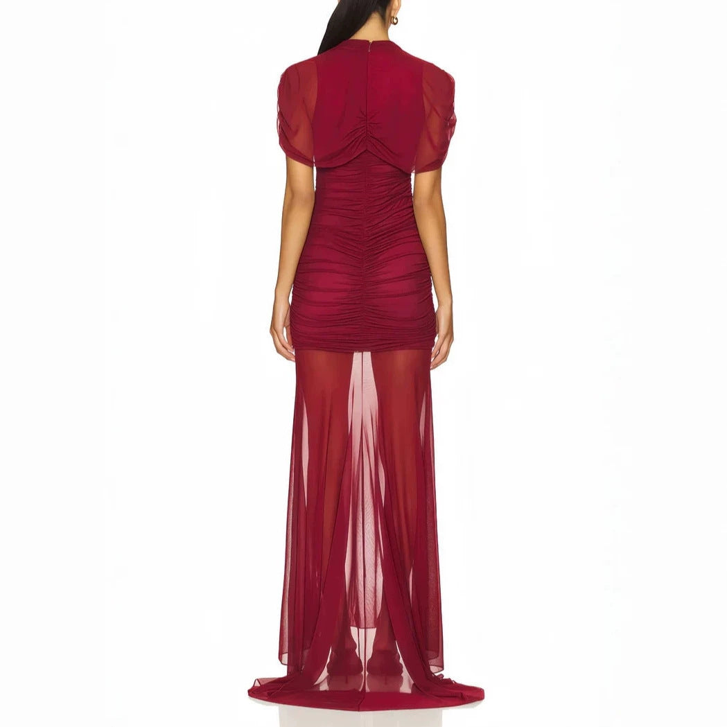 Damen Elegantes Cocktailkleid mit gerafftem Design und transparenter Schicht R&B