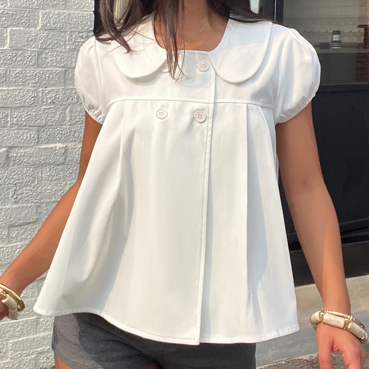 Damen Bluse mit raffinierter Knopfleiste und verspielten Puffärmeln R&B