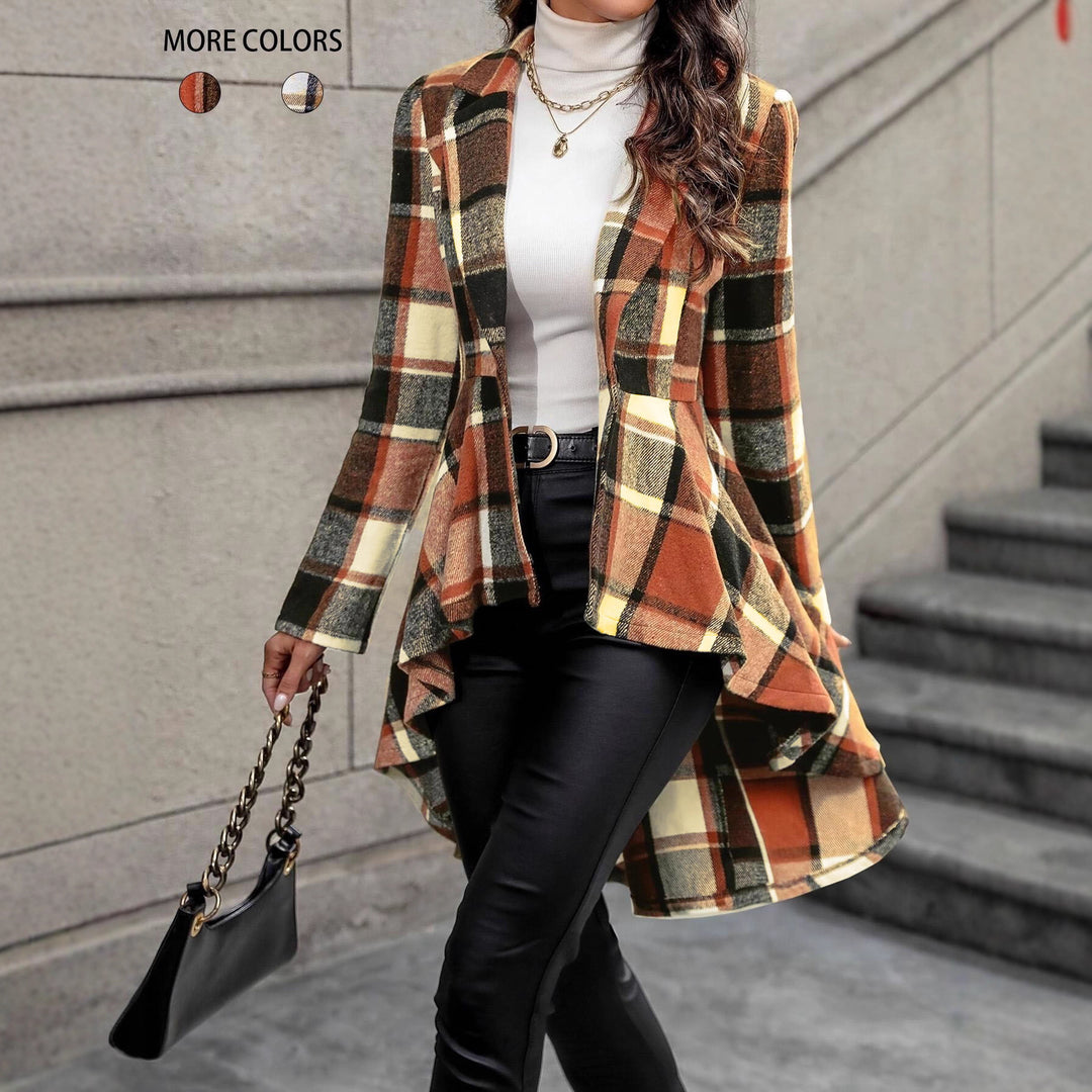 Damen Elegante und fließende Karojacke mit asymmetrischem Saum R&B