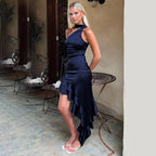 Damen asymmetrisches Satin-Kleid mit eleganten Rüschendetails EB