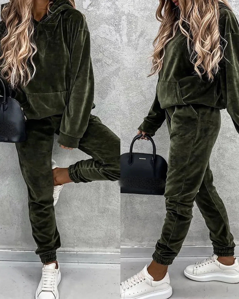 Damen luxuriöses Mikrofaser-Sportanzug mit Kapuze und Taschen R&B