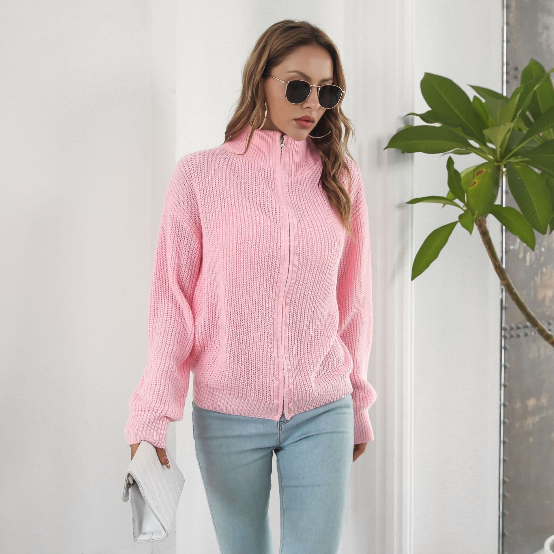 Damen Strickjacke mit hohem Kragen und Reißverschluss R&B