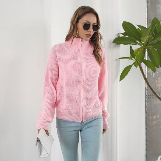 Damen Strickjacke mit hohem Kragen und Reißverschluss R&B
