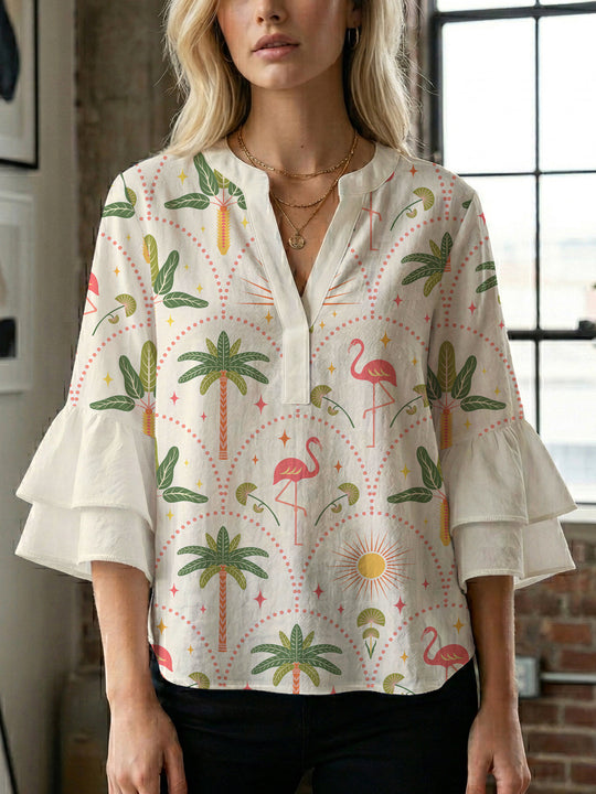 Damen Bluse mit voluminösen Rüschenärmeln und floralem Druck R&B