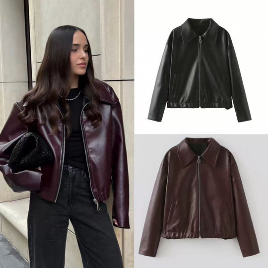 Damen modische Kunstlederjacke mit schlichter Eleganz und praktischen Taschen R&B