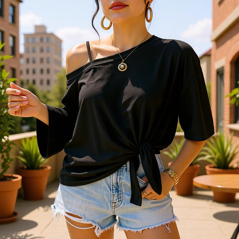 Damen lässiges Oberteil mit floralem Design und seitlichem Knoten R&B