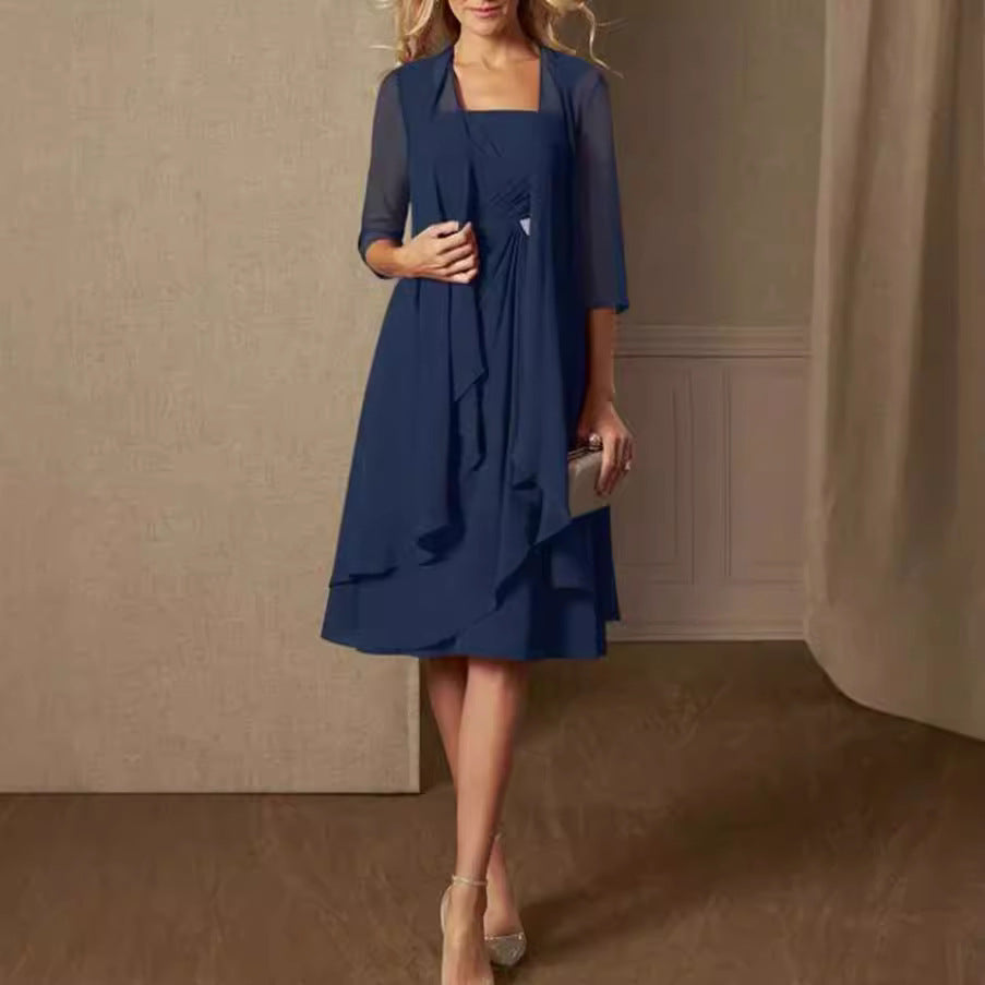 Damen festliches Maxikleid mit einem eleganten Wickeldesign und transparenter Ärmeln R&B