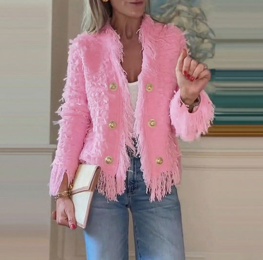Damen nan fransenbesetzte Kurzjacke mit strukturierter Oberfläche und Zierknopfreihe R&B