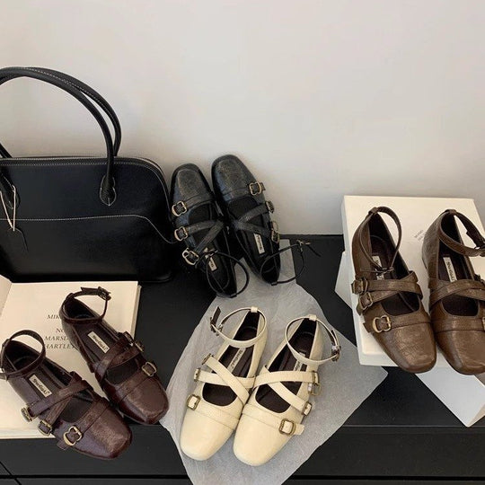 Damen elegante Ballerinas mit modischen Riemchen und verstellbaren Schnallen R&B