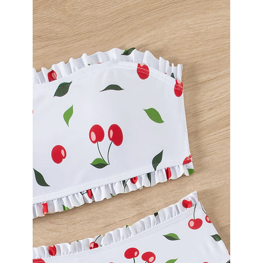 Damen Bandeau-Bikini mit fröhlichem Kirschmuster und eleganter Rüsche R&B