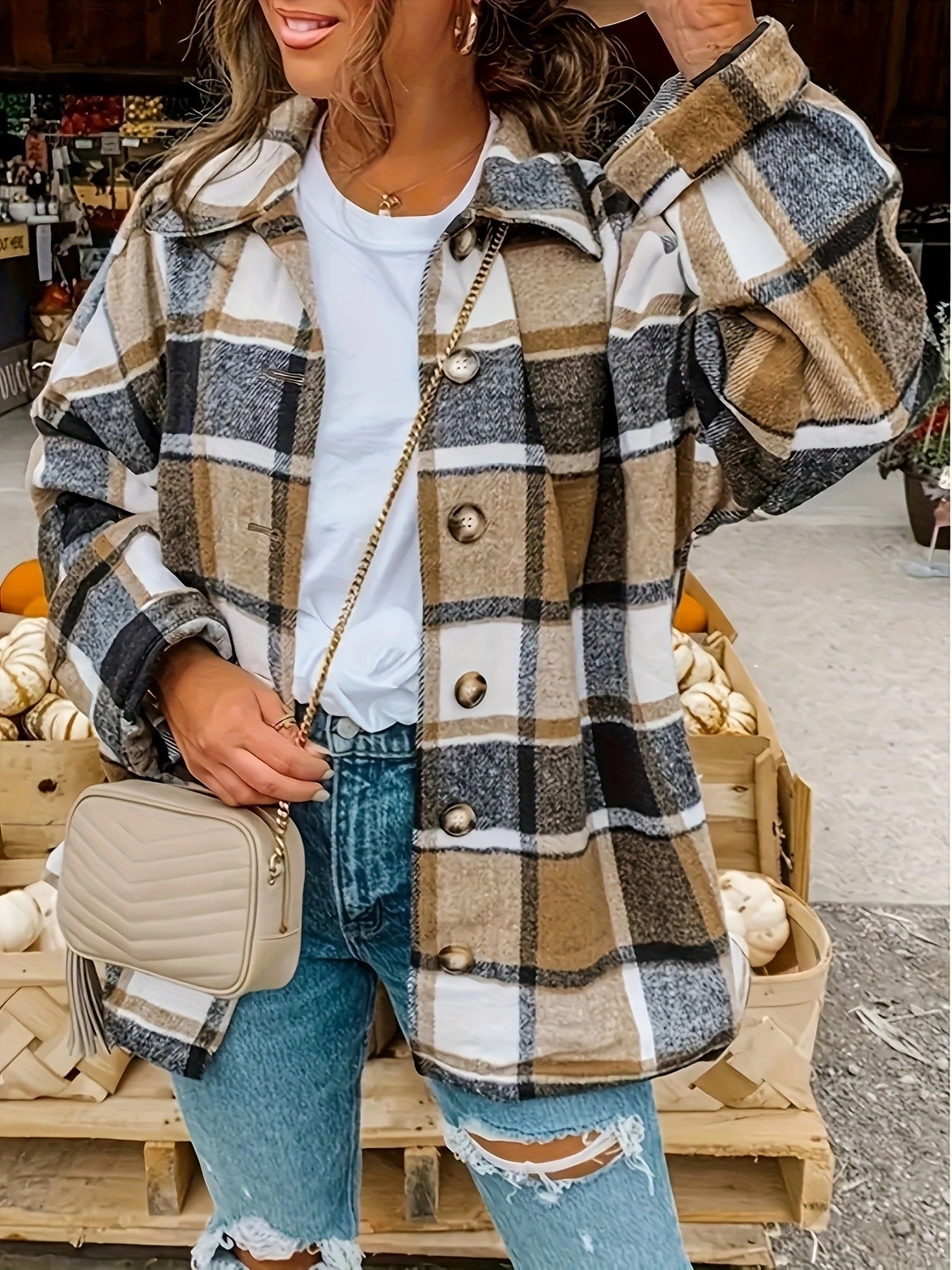 Damen Karierte Flanelljacke mit Knopfdetails und lässigem Schnitt R&B