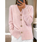 Damen kuschelige Strickjacke mit Herzknöpfen und V-Ausschnitt R&B