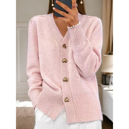 Damen kuschelige Strickjacke mit Herzknöpfen und V-Ausschnitt R&B