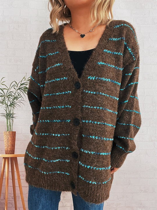 Damen grob strukturiertes Strickjäckchen mit buntem Streifenmuster R&B