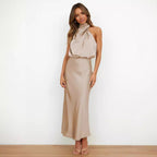 Damen Fließendes Maxikleid mit elegantem Stehkragen und Drapierung R&B