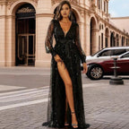 Damen Glamouröses Abendkleid mit schimmernden Pailletten und tiefem Schlitz EB