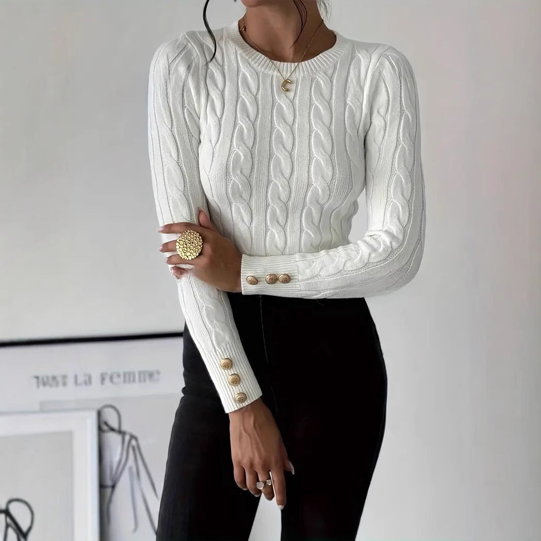 Damen Strickpullover mit Zopfmuster und Knopfdetails R&B