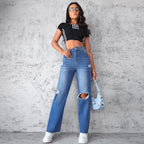 Damen Weit geschnittene Ripped Jeans mit hohem Bund R&B