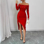 Damen Off-Shoulder Kleid mit eleganten Raffungseffekten und glitzernden Akzenten R&B