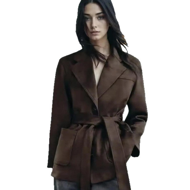 Damen modische Kunstlederjacke mit Taillengürtel und praktischen Taschen R&B