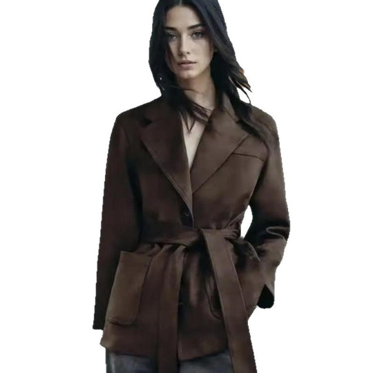 Damen modische Kunstlederjacke mit Taillengürtel und praktischen Taschen R&B